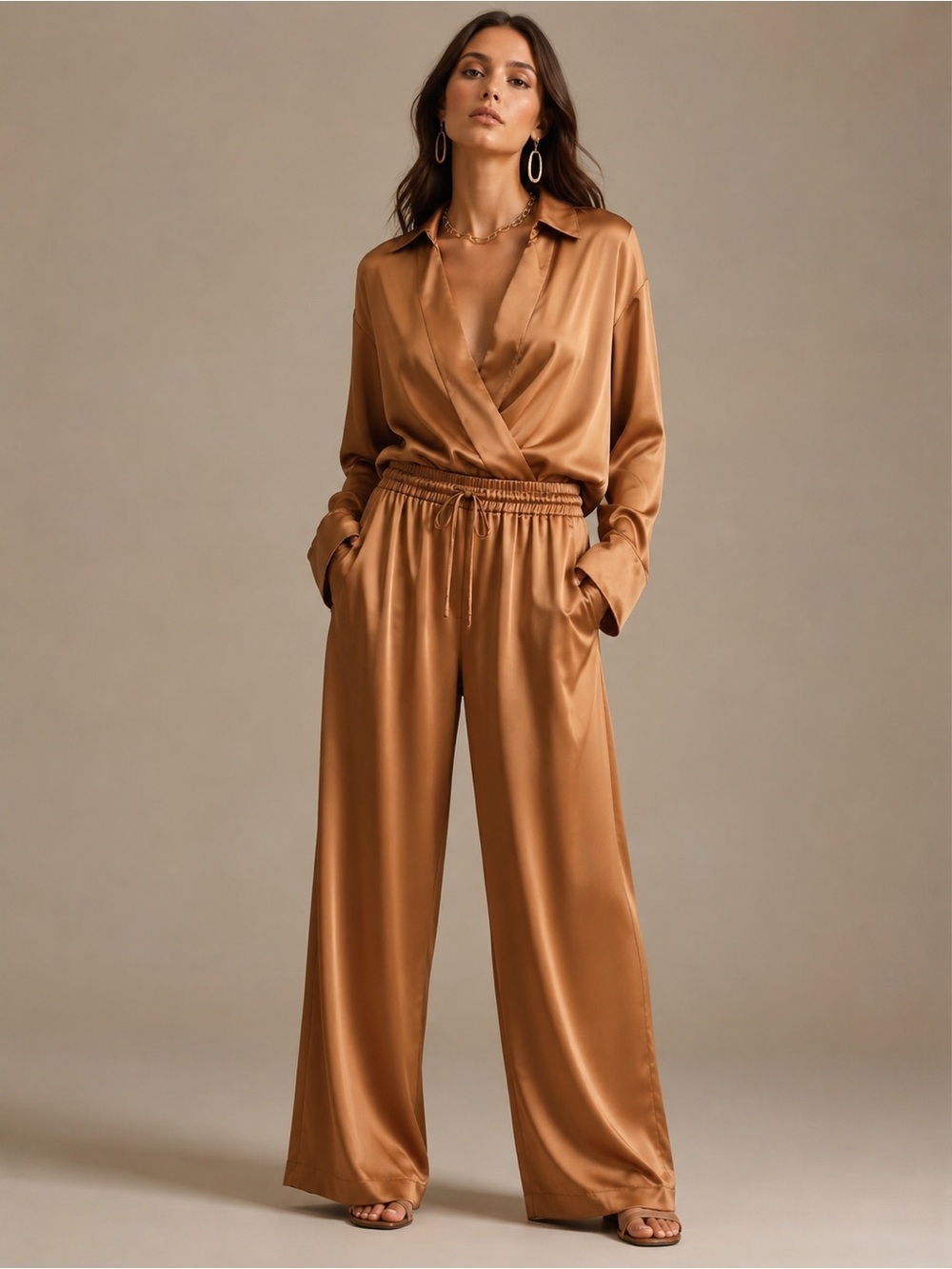 Elie. Designer Elie Tahari Satin wide leg Pants gold brown sz S